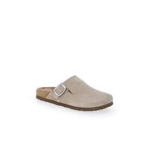 A light beige suede clog with a buckle detail, suitable for fall fashion.
