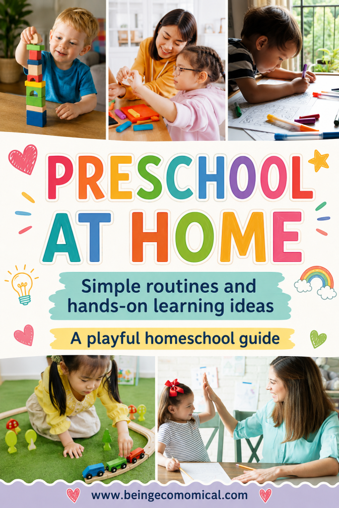 Pinterest image for preschool at home featuring simple routines and hands-on learning ideas for homeschooling preschool.