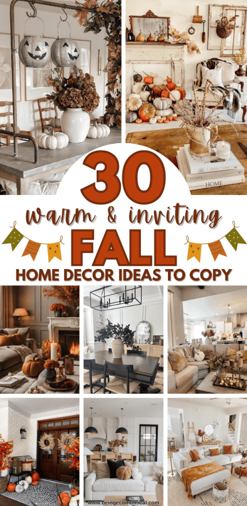 A collage of warm and inviting fall home decor ideas featuring cozy spaces decorated with pumpkins, autumn foliage, and seasonal accents, perfect for creating a festive atmosphere.