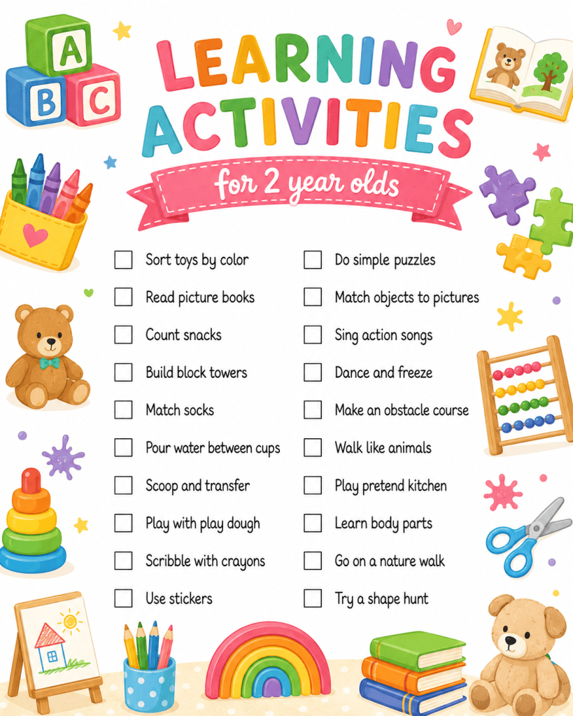 Colorful checklist of learning activities for 2 year olds with toddler-themed illustrations and simple play ideas.