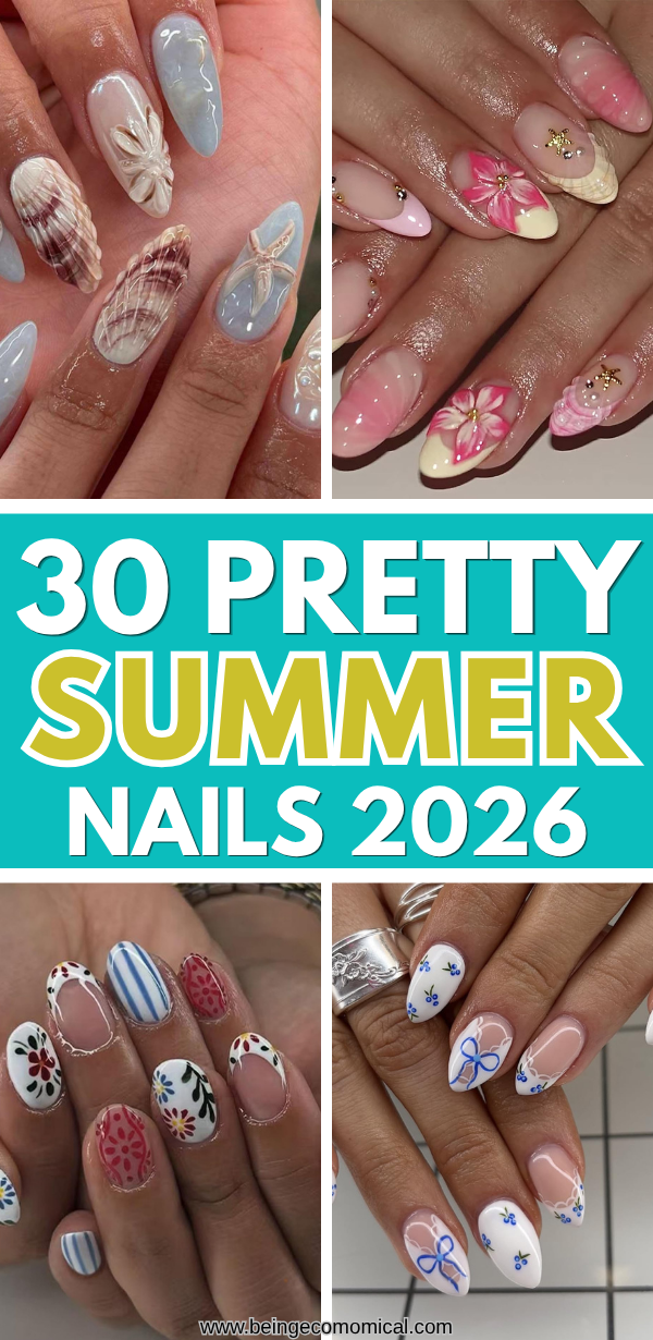 Collage of four different summer-themed nail designs with floral and shell patterns