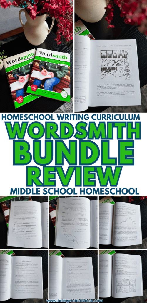 Two Wordsmith writing curriculum books displayed next to a flower vase, with a partially opened book showing engaging writing exercises.