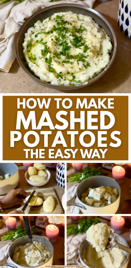 A bowl of creamy mashed potatoes topped with chopped parsley, surrounded by candles and a rustic setting. There are step-by-step images showing the process of making mashed potatoes, including peeling and mashing.