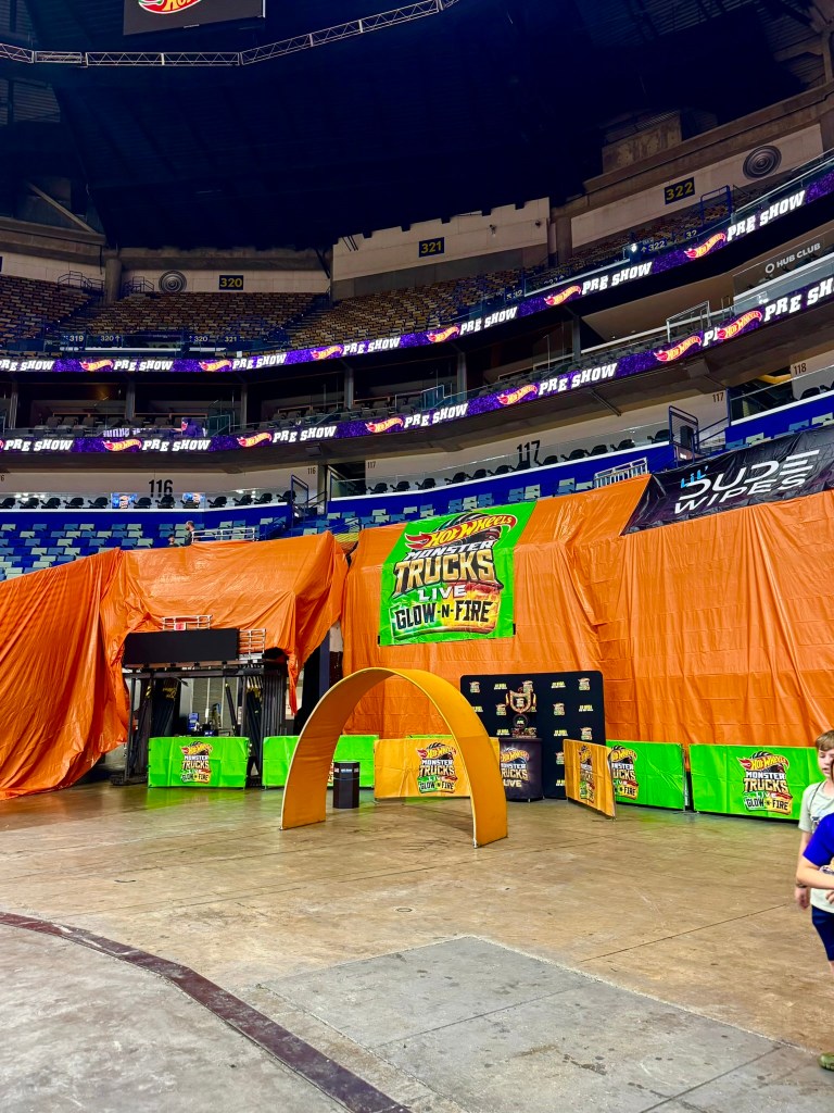 Entrance area to the Hot Wheels Monster Trucks Live preshow on the arena floor.