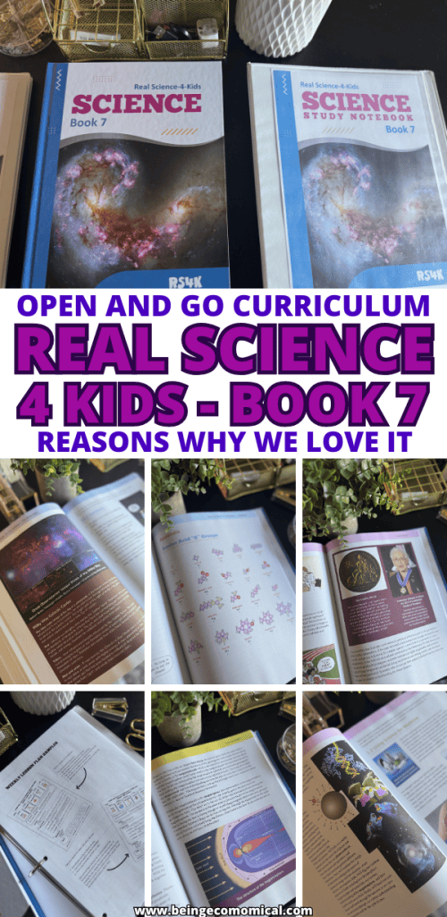 Image of Real Science 4 Kids Book 7 textbook and study notebook, showcasing vibrant cover designs.