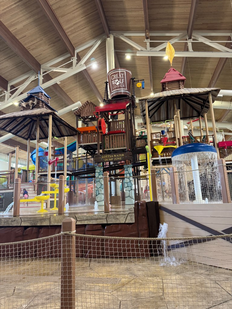 Indoor water play structure with slides, water features and splash areas at Great Wolf Lodge Grapevine.