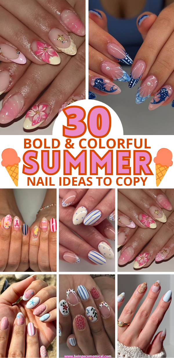 Collage of eight nail designs featuring bold and colorful summer themes with flowers, stripes, polka dots, and ocean-inspired patterns