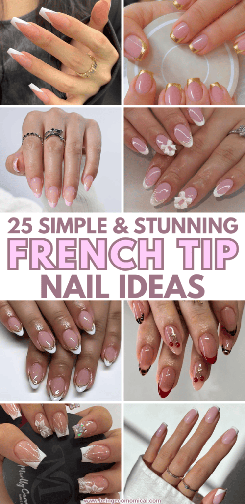 Collage of various designs showcasing simple and stunning French tip nails with decorative elements.