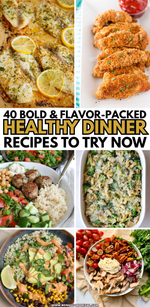 A collage of healthy dinner recipes featuring baked fish with lemon, crispy chicken tenders, a colorful salad with meatballs and rice, a cheesy broccoli casserole, a vibrant rice bowl with avocado and black beans, and a mixed salad with cherry tomatoes and nuts.