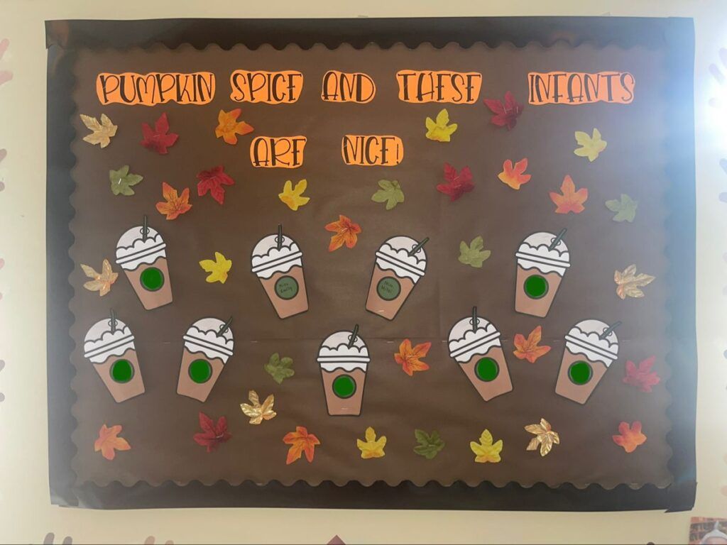 Pumpkin spice fall bulletin board with paper coffee cups, colorful autumn leaves and a playful classroom saying.