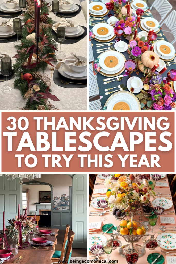 Collage of four Thanksgiving tablescapes featuring festive decor including autumn-themed centerpieces and elegant place settings. Each setting showcases various color palettes and styles for a cozy dining experience.