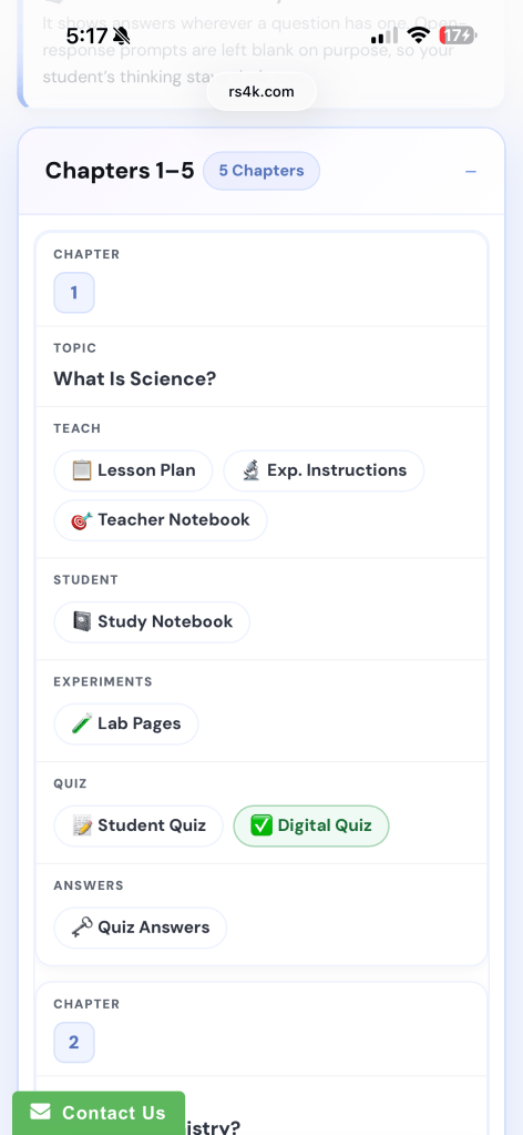Real Science-4-Kids digital dashboard with lesson plans, experiments, student pages and quizzes