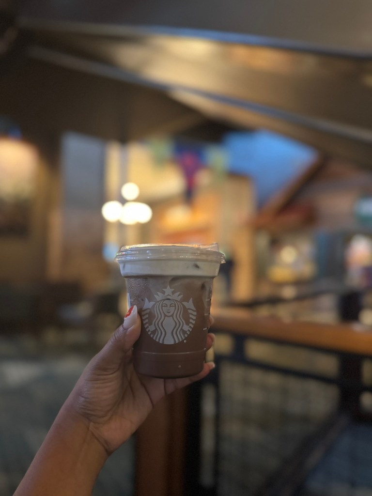 Starbucks drink with cold foam in the lobby of Great Wolf Lodge in Grapevine, Texas