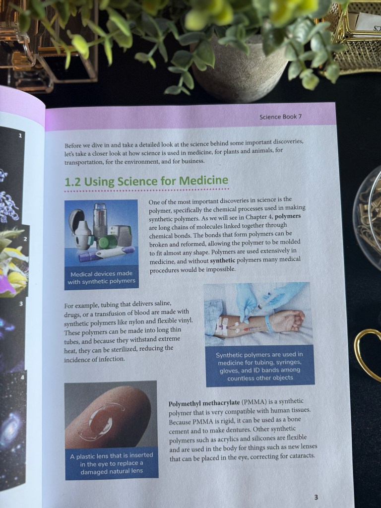 A page from 'Real Science 4 Kids Book 7' discussing the use of synthetic polymers in medicine, featuring text and images of medical devices, such as tubing and a plastic lens for eye surgery.