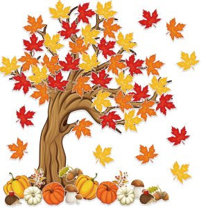 Colorful autumn tree with red, yellow, and orange leaves, surrounded by pumpkins and mushrooms.