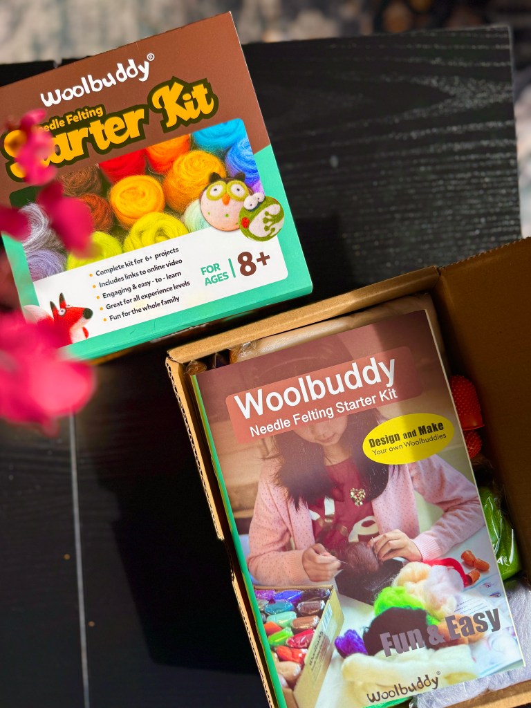 A close-up of the Woolbuddy Needle Felting Starter Kit box, featuring vibrant colors and illustrations of felted characters, next to the instruction booklet. The box is positioned inside an open shipping box with colorful wool roving visible.