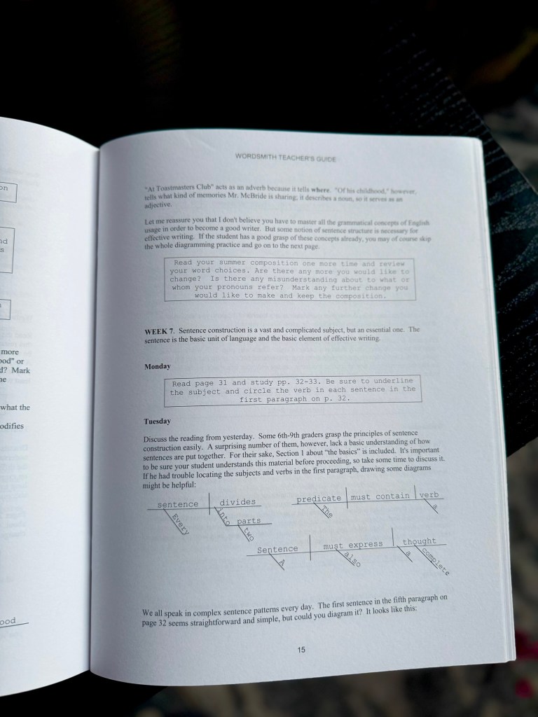 An open page from a Wordsmith Teacher's Guide showing lesson plans about sentence construction, including instructions for identifying subjects and verbs.