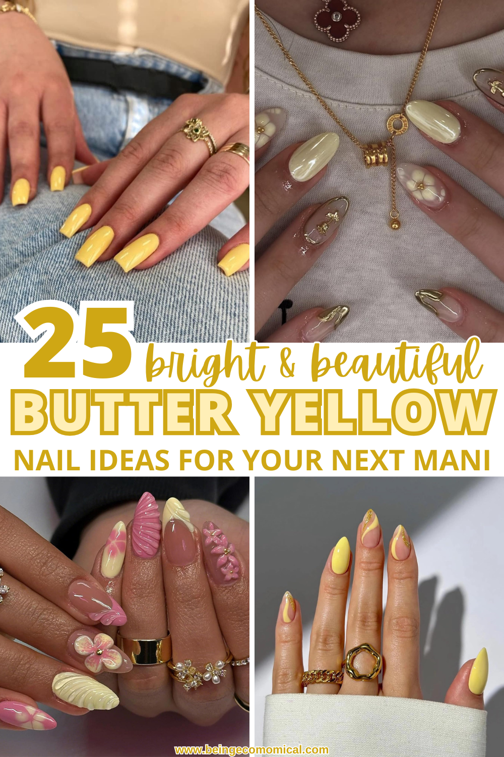 Four different butter yellow nail designs featuring solid, floral, and abstract patterns on manicured hands