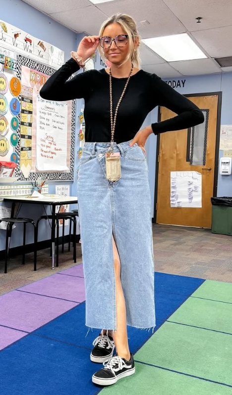 teacher outfit with black top and denim midi skirt