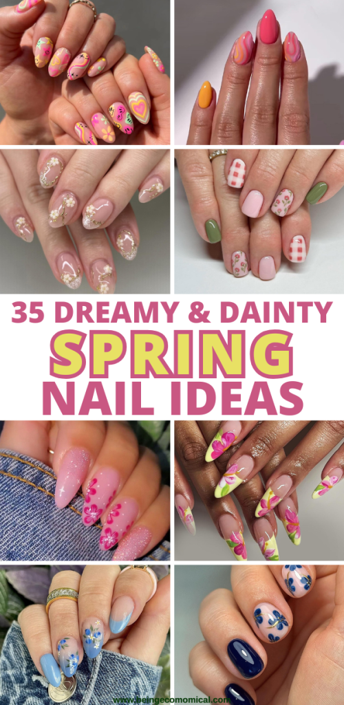 Collage of various spring-inspired nail designs, showcasing colorful patterns and floral accents.