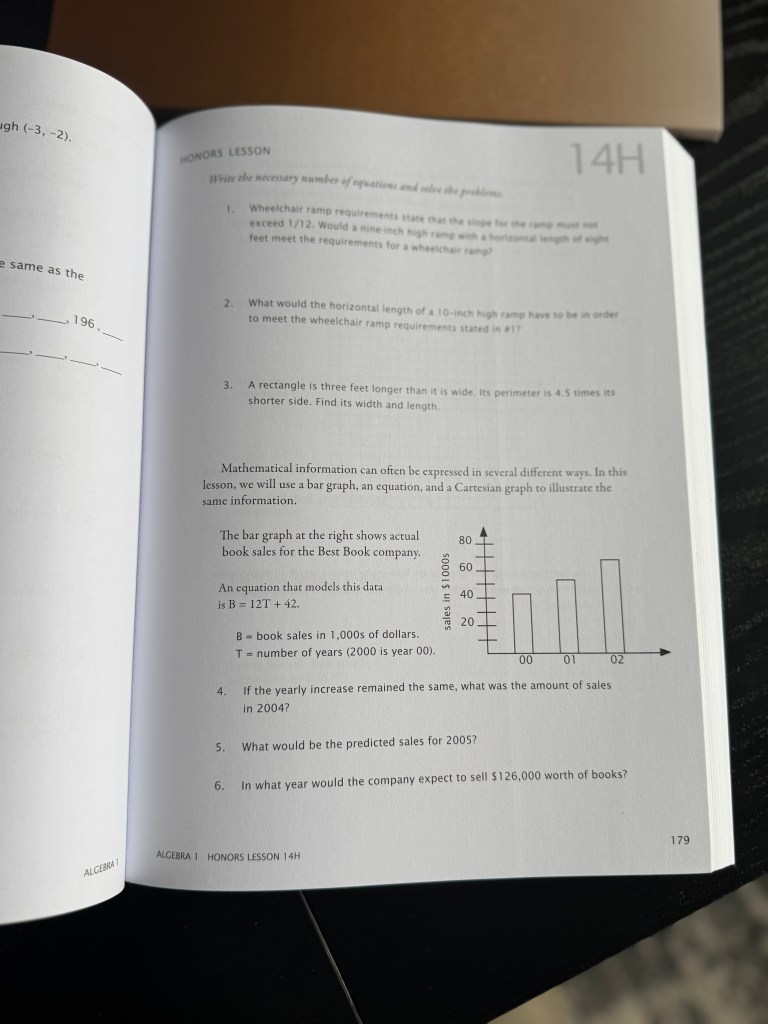 Page from Math-U-See Algebra 1 workbook featuring honors lesson problems and a bar graph illustrating book sales.