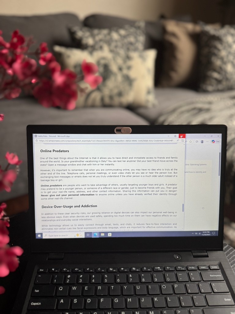A close-up view of a laptop screen displaying a lesson on online safety, focusing on online predators and device over-usage, with pink flowers in the foreground and a cozy couch in the background.