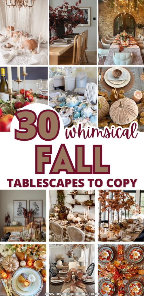 A collage of diverse fall tablescape designs, featuring pumpkins, candles, and autumnal decor. The images highlight various styles, from rustic to elegant, suitable for seasonal gatherings.