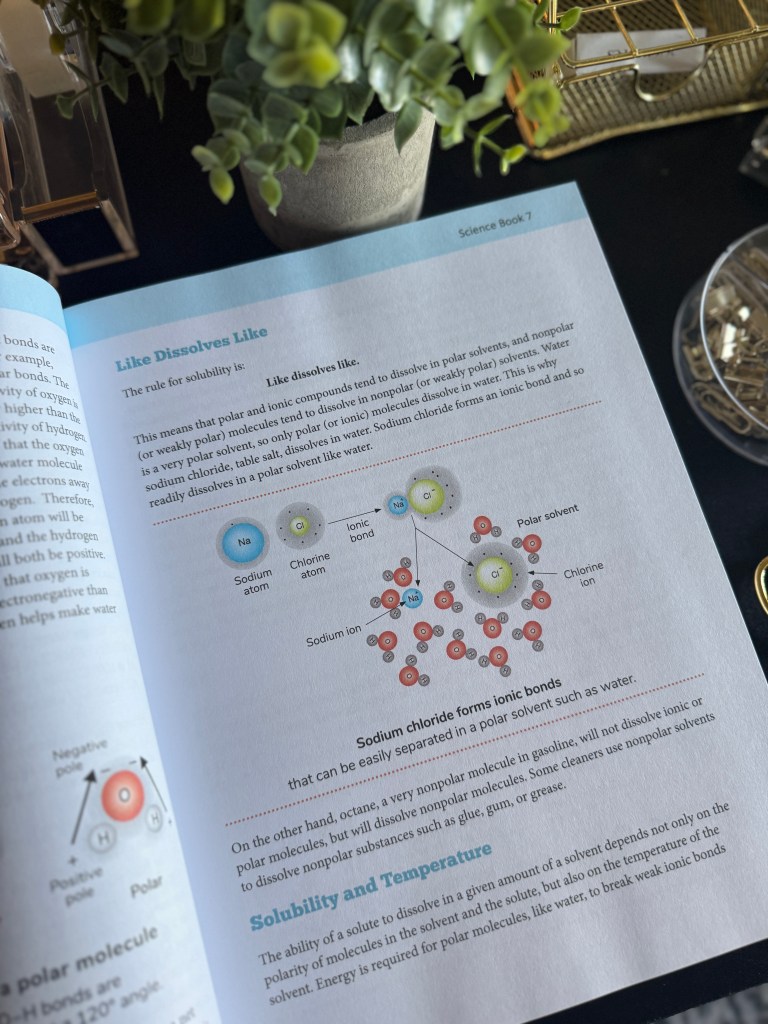 An open textbook page from 'Real Science 4 Kids Book 7' showing the section titled 'Like Dissolves Like.' The page features a colorful diagram explaining how polar and ionic compounds interact with solvents, with illustrations of sodium and chlorine atoms, alongside text detailing solubility concepts.
