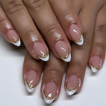 Elegant nude nails featuring classic white French tips with a delicate gold outline.