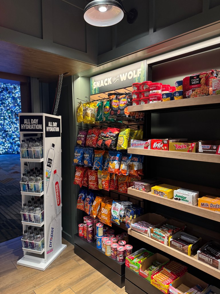 Snack shop at Great Wolf Lodge in Grapevine, TX - featuring various snacks and drinks, with an assortment of chips, candies, and hydration options.