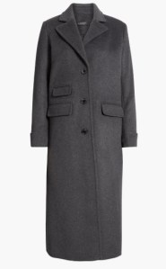 A long gray coat with a tailored design, featuring a notched collar and multiple front pockets.