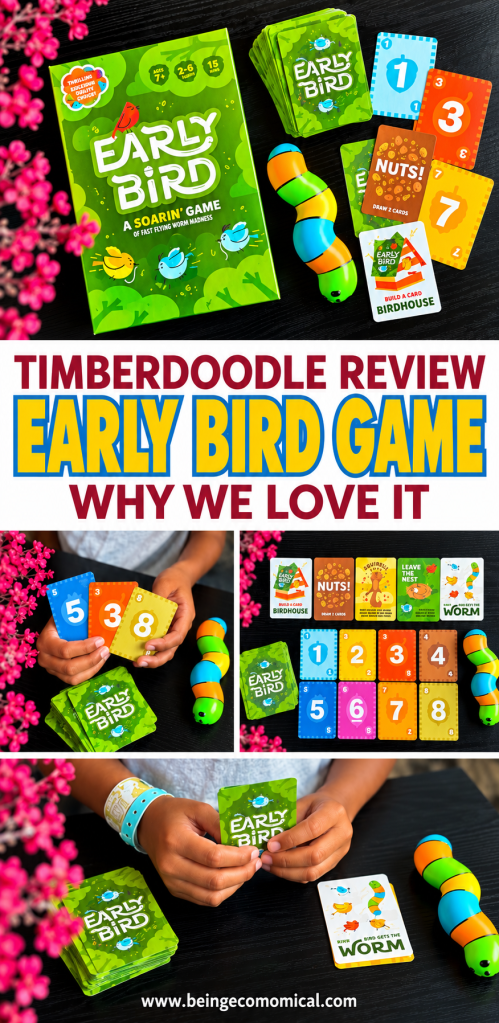 Pinterest graphic featuring Early Bird game photos with the text Timberdoodle Review: Early Bird Game, Why We Love It