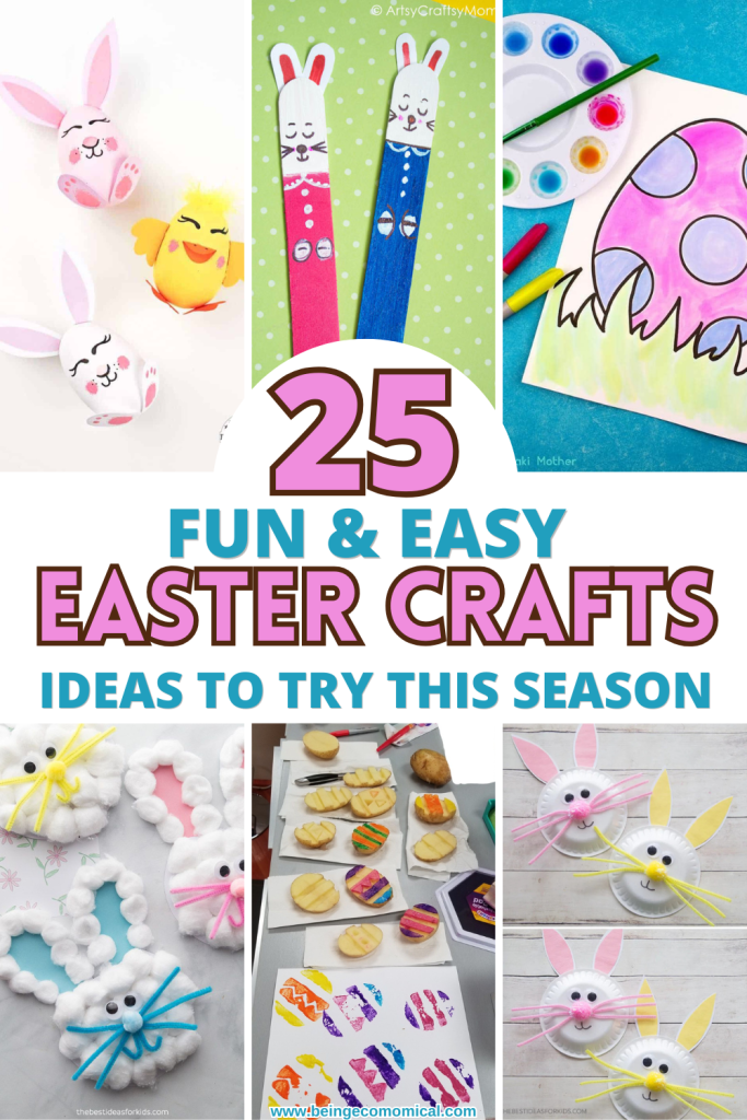 A collage of various fun and easy Easter craft ideas, including painted eggs, popsicle stick bunnies, colorful egg designs, bunny-shaped decorations, and decorated cookies.