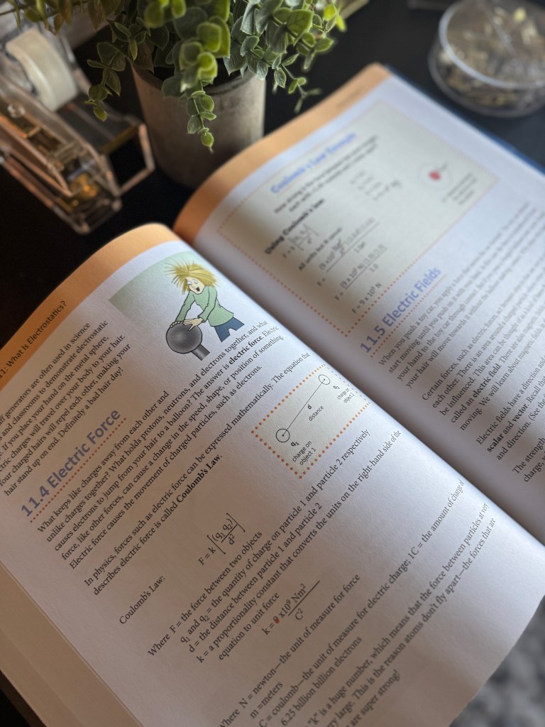Open textbook page featuring a colorful illustration of a child with static electricity, along with formulas related to electric force and electric fields.