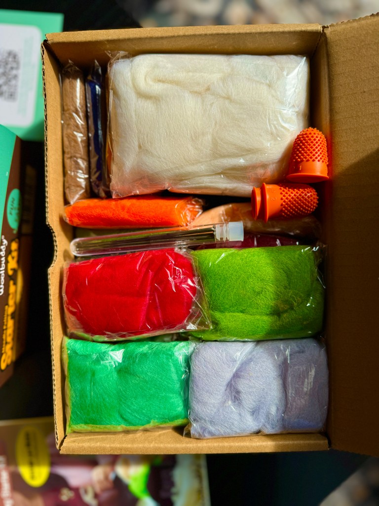 Open box of the Woolbuddy Needle Felting Starter Kit featuring various colorful wool roving, felting needles, finger protectors, and a foam pad, arranged thoughtfully for crafting.
