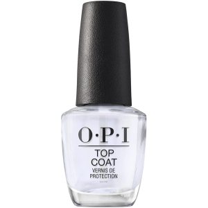 Bottle of OPI top coat nail polish with a black cap and clear liquid inside.