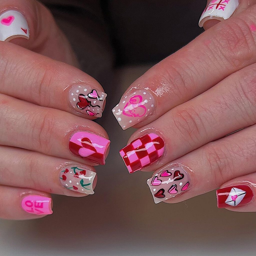Close-up of colorful, decorative nail art featuring hearts, checker patterns, and the word 'LOVE' in various shades of pink and red.