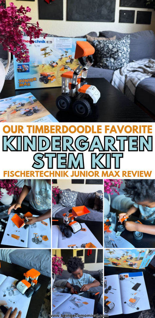 Fischertechnik Junior Max review Pinterest pin featuring a child building an orange construction vehicle, step-by-step assembly instructions, and the finished front loader. This hands-on kindergarten STEM activity encourages early engineering, fine motor skills, creativity, and problem-solving through play.