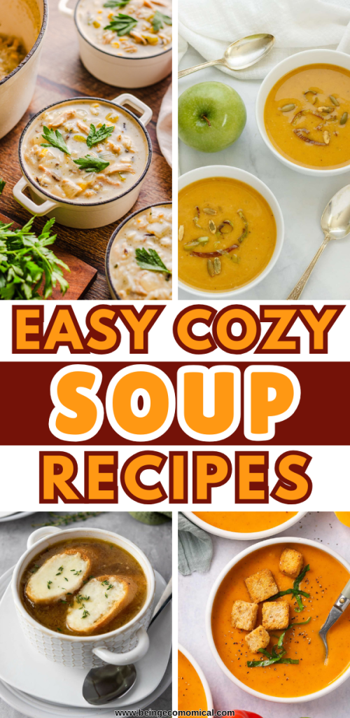 Rustic collage of assorted fall soups including butternut squash, chicken corn chowder, and lentil soup with autumn leaves and cozy textures