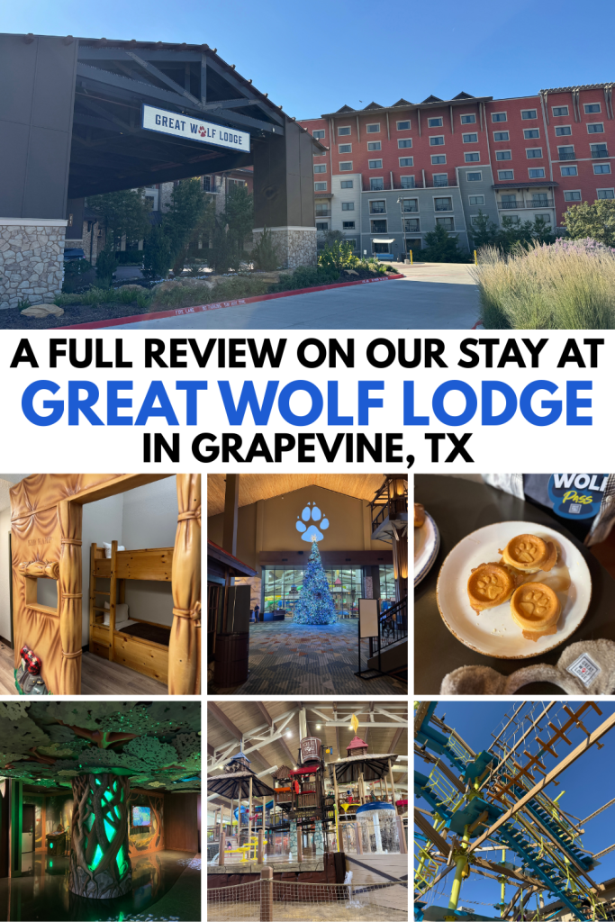 Exterior view of Great Wolf Lodge in Grapevine, TX, featuring the entrance sign and surrounding landscaping.