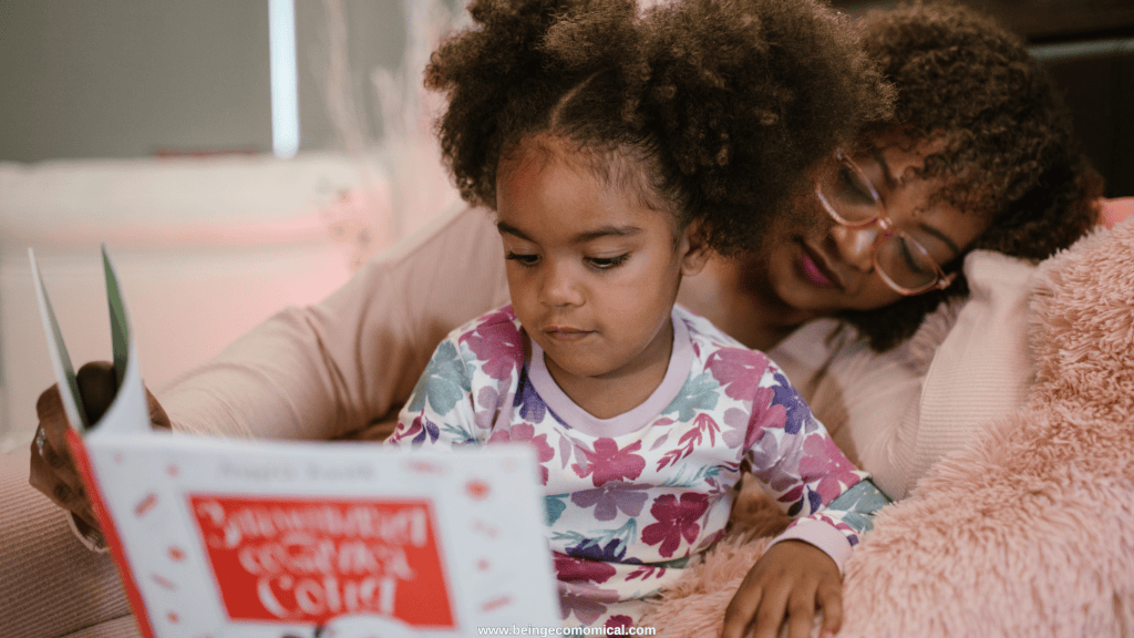Mom reading a picture book with a young child as a simple learning activity for 3-year-olds