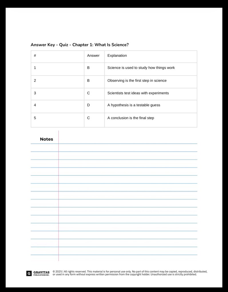 Real Science-4-Kids science quiz answer key for homeschool parents