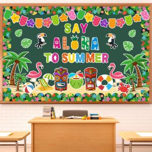 tropical classroom door idea with tiki and bright summer colors