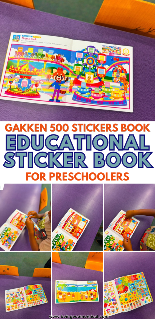 Educational Pinterest collage explaining why sticker activities matter for toddlers, with photos of a child using the Gakken sticker book to practice matching, coordination, and learning through play.