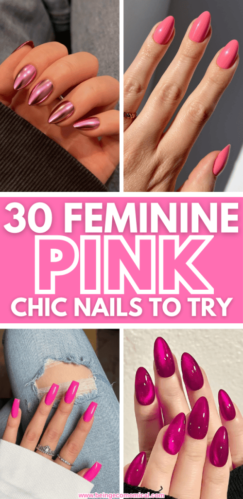 A collage of four images showcasing various styles of pink nail designs, including glossy, matte, and metallic finishes with pointed shapes.