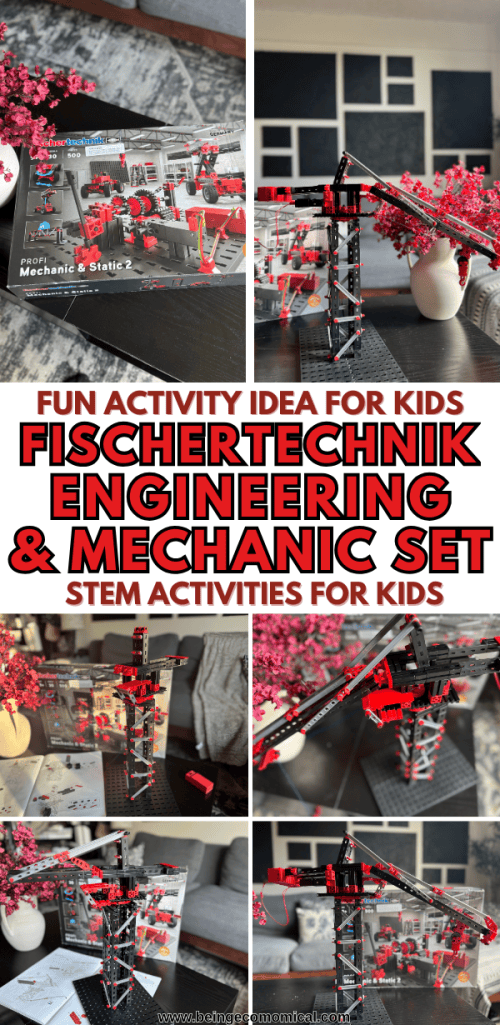 Image of the Fischer Technik STEM Kit packaging with a focus on engineering and mechanics, featuring a built crane model.