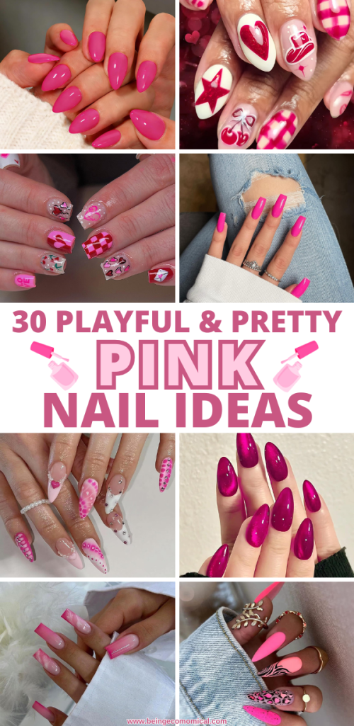 A collage showcasing various pink nail designs, featuring playful patterns and styles, including heart shapes, polka dots, and glamorous finishes.