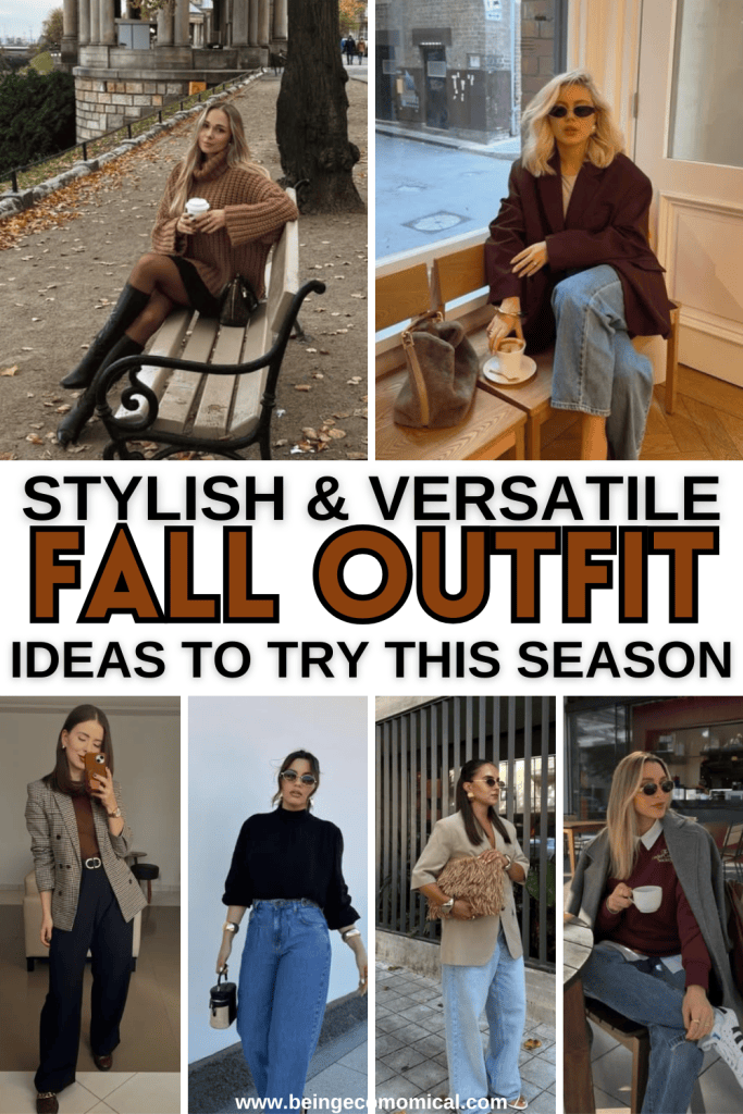 A collage of stylish fall outfit ideas featuring women in cozy sweaters, blazers, and chic accessories. The images showcase outfits suitable for casual outings and coffee dates, with a variety of textures and colors.