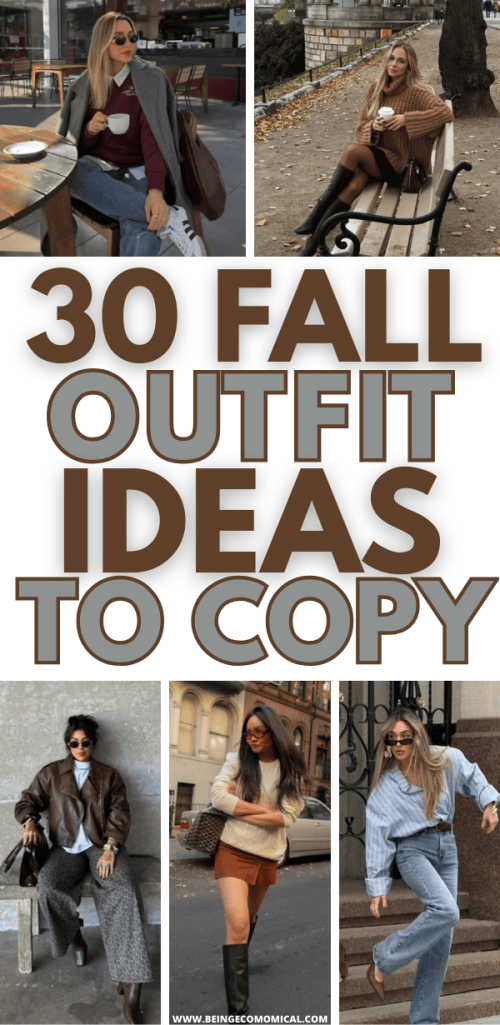 A collage of stylish fall outfits featuring a woman sitting at a café with a coffee, a woman on a bench in a cozy sweater, and other fashionable individuals in various fall ensembles.