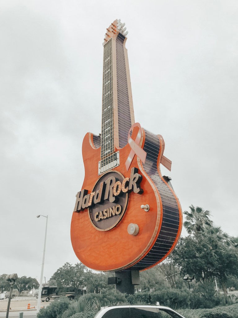 The iconic Hard Rock Hotel & Casino guitar sign in Biloxi, Mississippi.